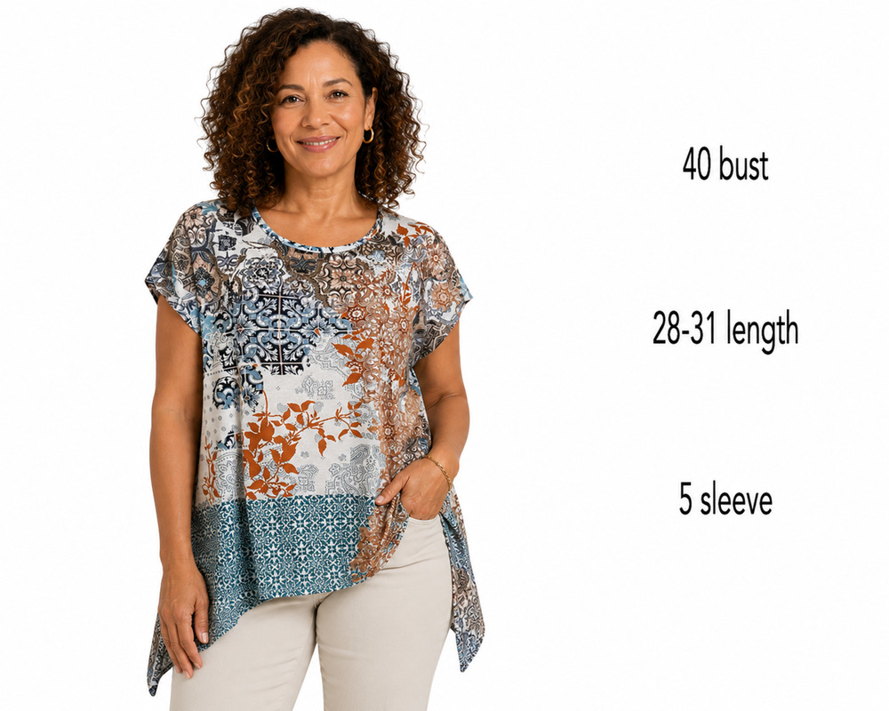 Chicos Zenergy Lightweight Rhinestone Studded Print Blue Top Asymmetrical 1 / M